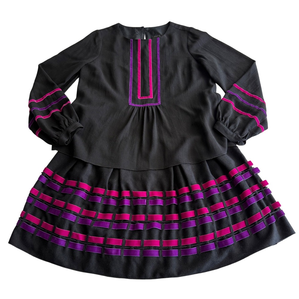 Anna Sui USA Made Wool Woven Velvet Ribbon Peasant Flounce Black Pink Dress 8
